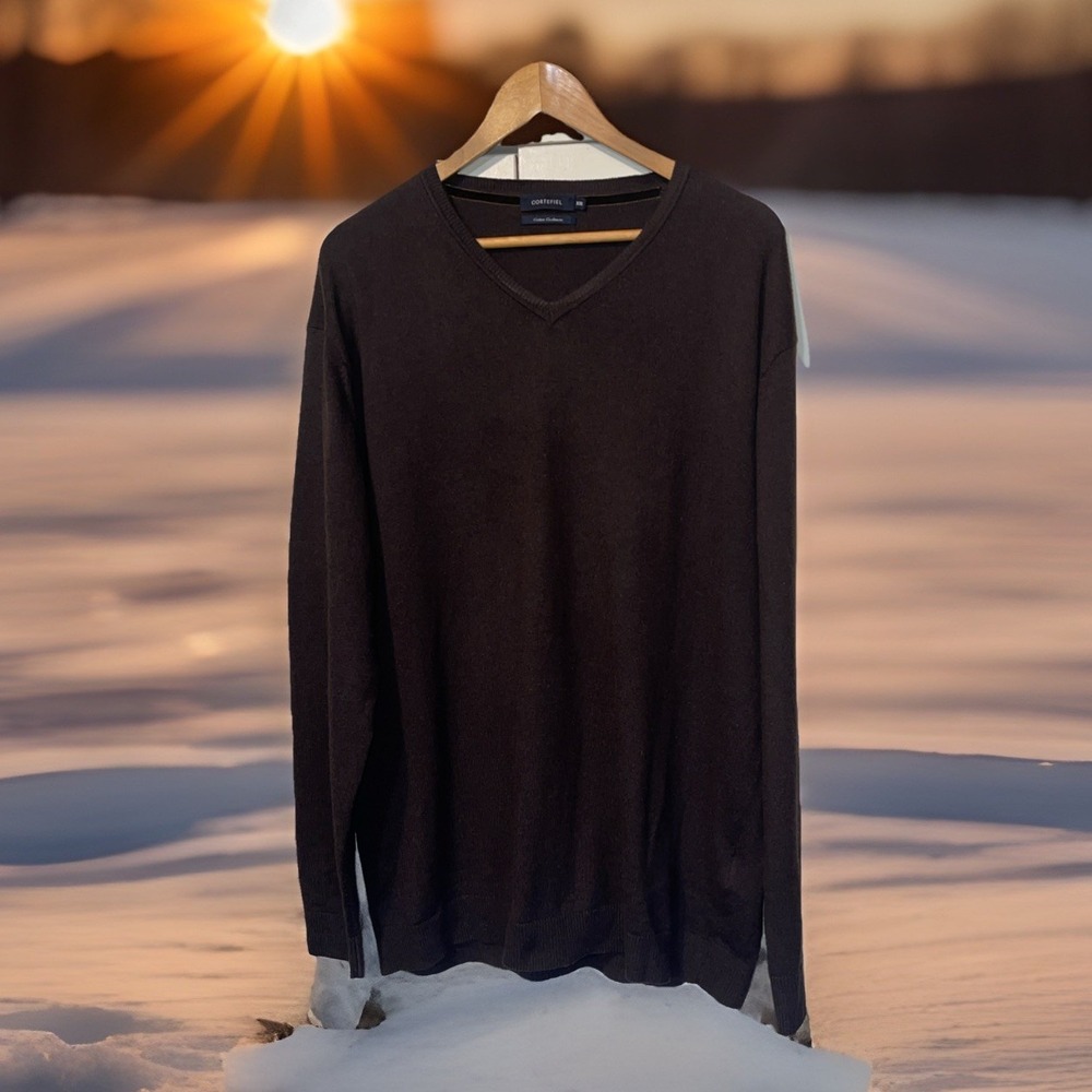 Cortefiel Cashmere Cotton Sweater Men XXL Mocha Brown Classy V Neck Long Sleeve‎